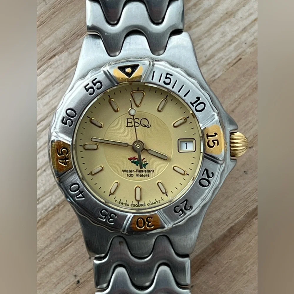 ESQ Super Rare Freedom Ladies Diver Watch Gold-Tone Dial Weave Bracelet Date